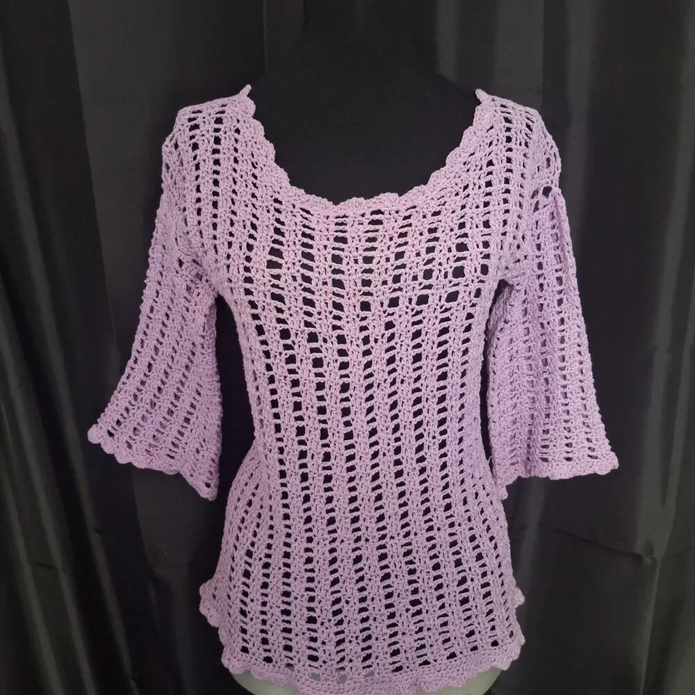 Vtg 70s purple crochet top cotton bell 3/4 sleeves scoop neck festival boho Sz S